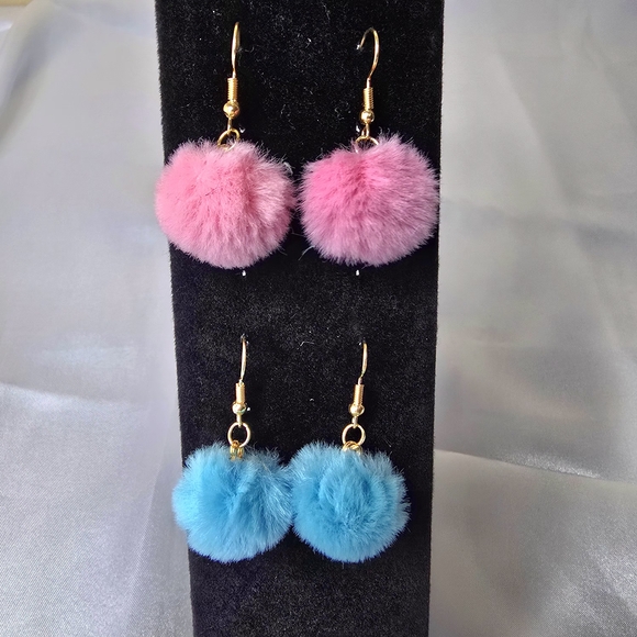 2 Pairs Pink and Blue Pom Pom Earrings - Picture 5 of 9